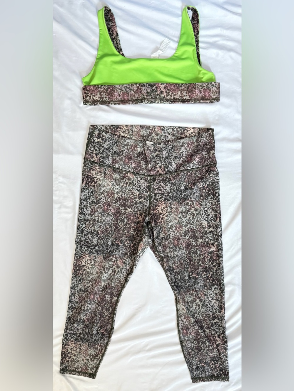 Fabletics Neon Green Sports Bra with Pink-Accent Speckle Leggings
